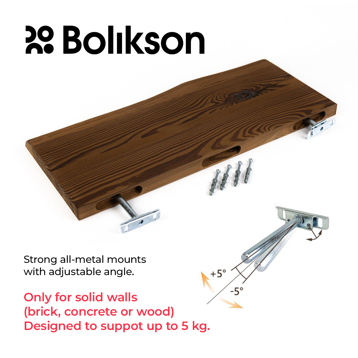 Wooden shelf with metal brackets and Bolikson branding on a white background