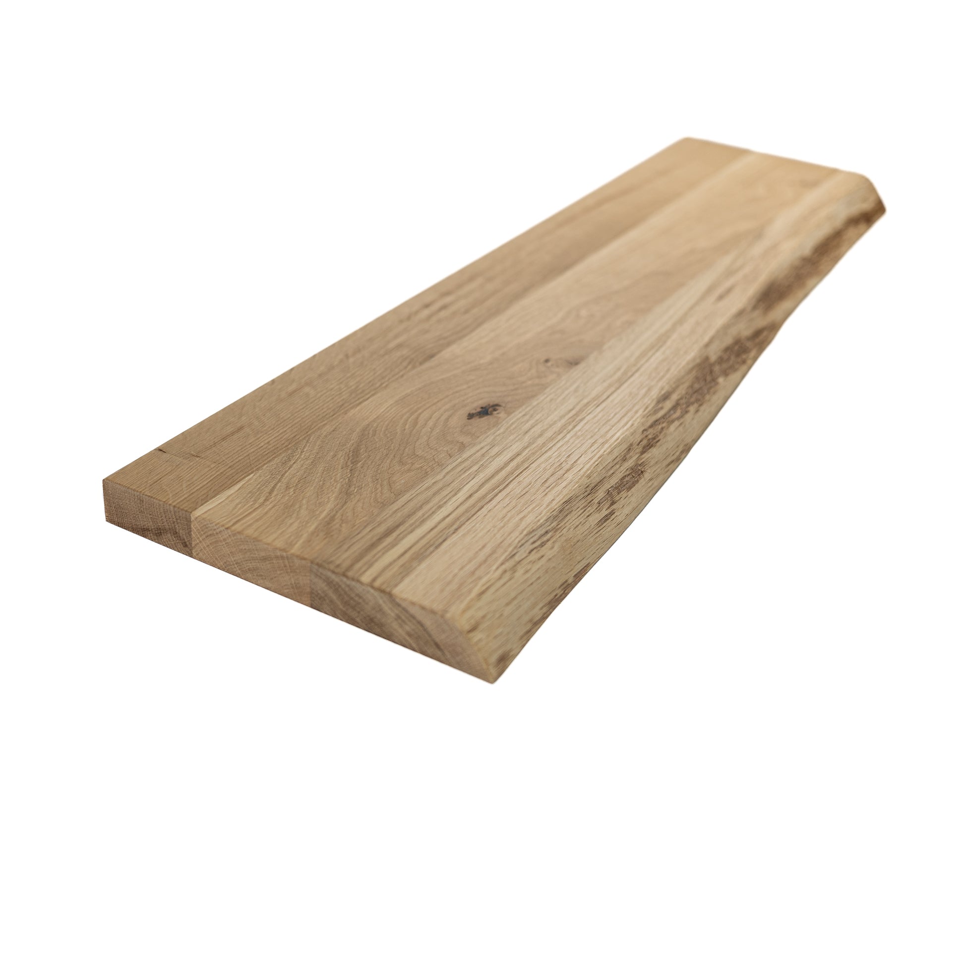 Wooden oak shelf with a natural finish on a white background