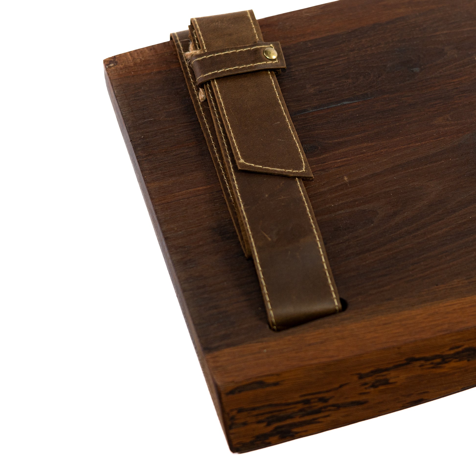 Wooden oak shelf with a leather strap on a white background