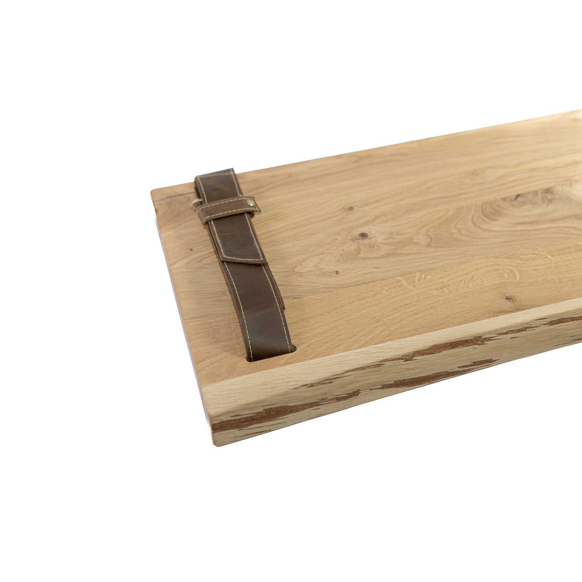 Wooden oak shelf with a leather strap on a white background