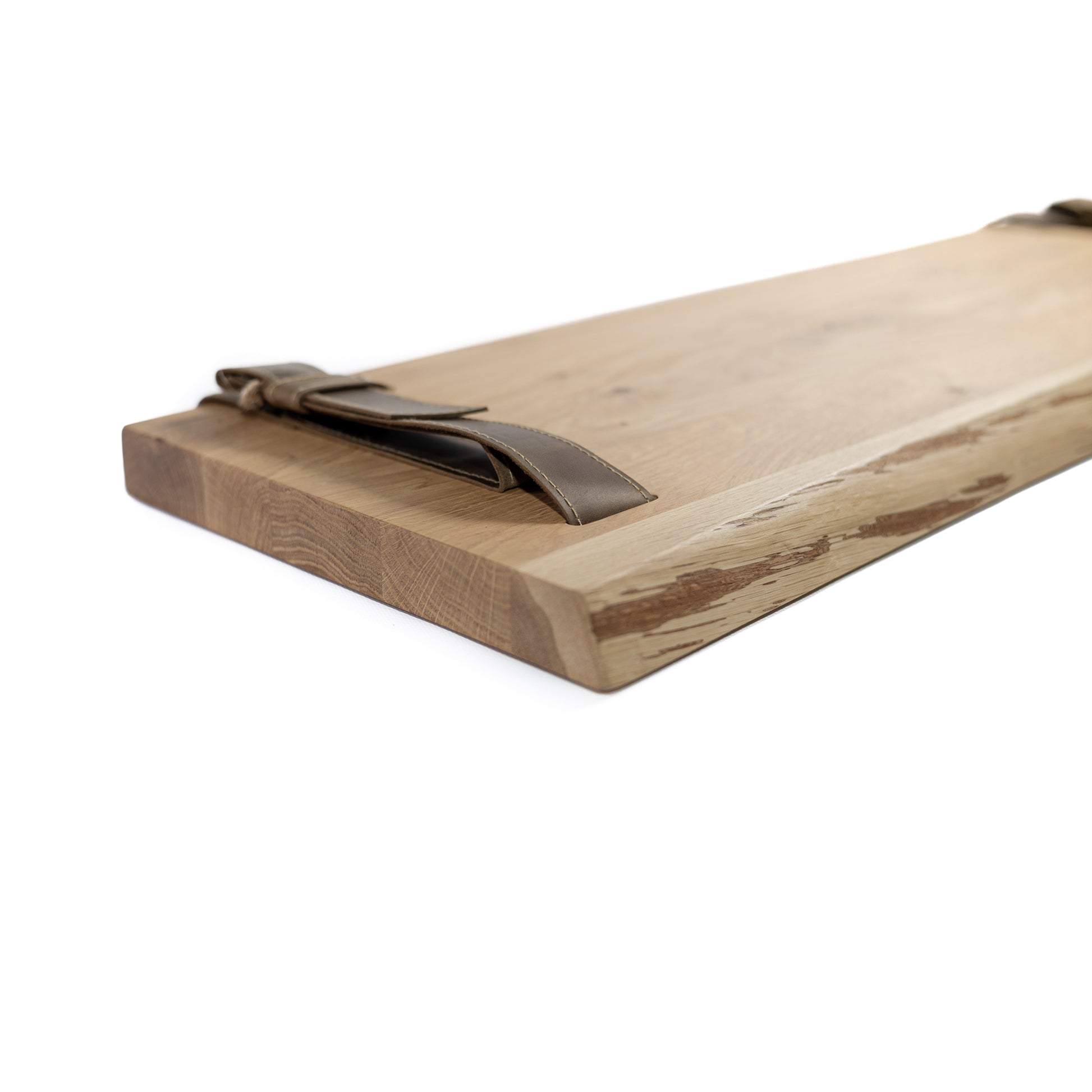 Wooden oak rustic shelf with leather handle on a white background