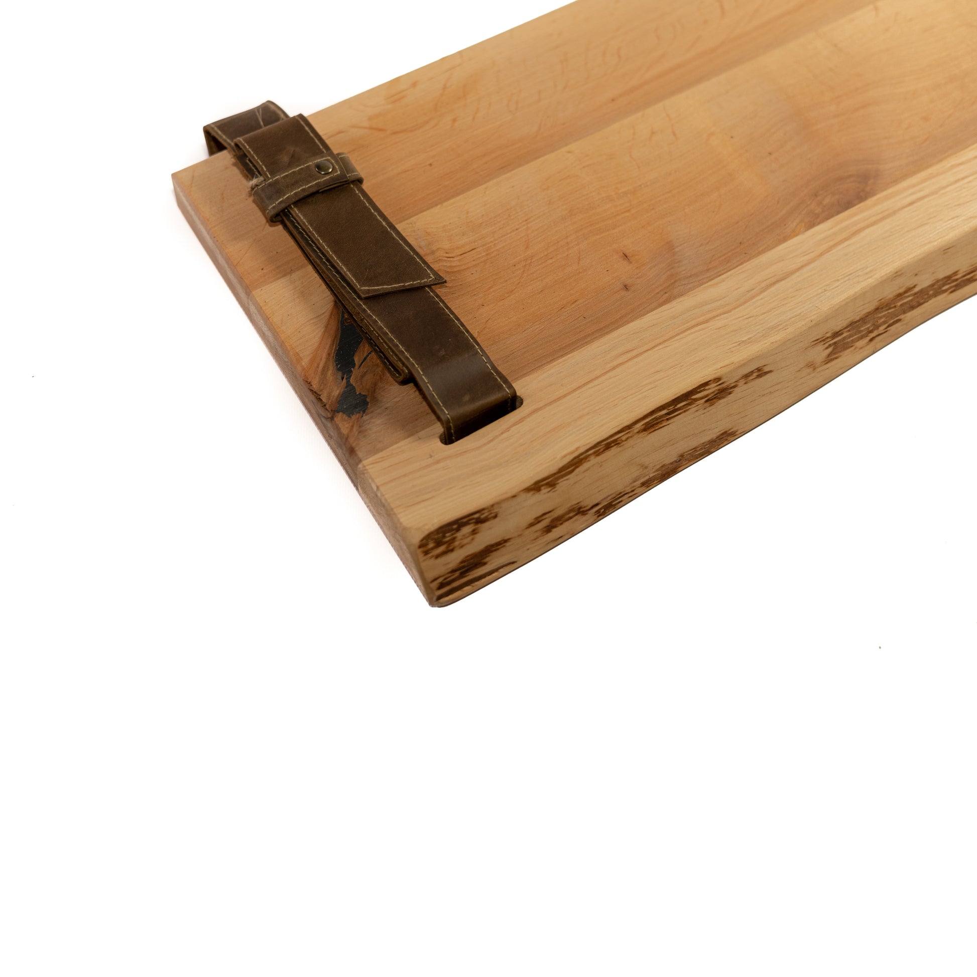 Red wood wooden shelf with leather straps